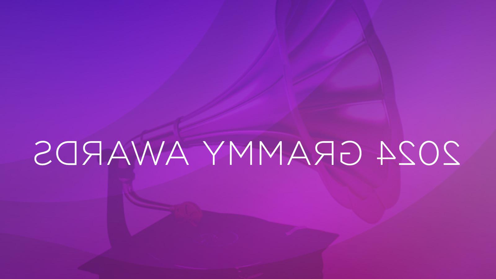 A graphic of a gramophone on a purple background. The words 2024 Grammy Awards are overlaid in white.